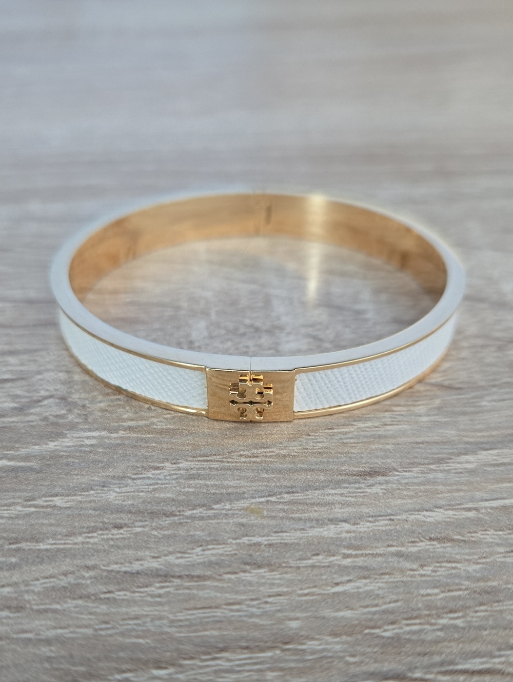 Tory Burch White Leather Inlay Hinged Bracelet